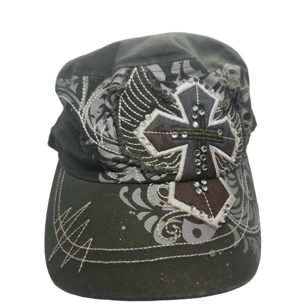 KBETHOS Green Distressed Bling Cross Rhinestone Military Cadet Hat Cap Y2K